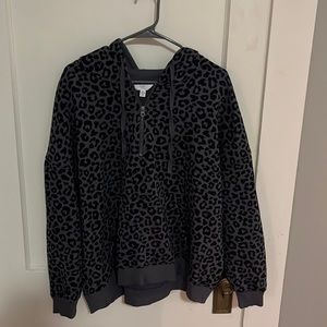 Time and True Quarter Zip Hoodie - grey with black leopard print